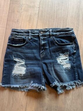 Zenana Outfitters Dark Blue Distressed Denim Shorts